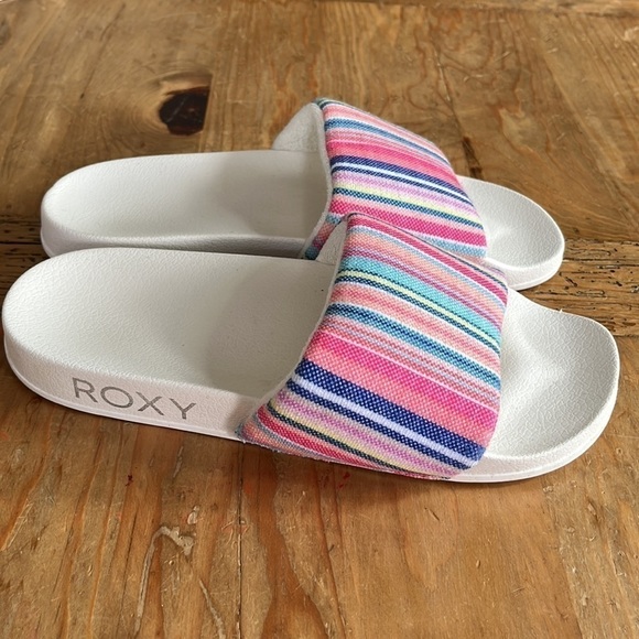 ROXY Women’s Slippy Terry Slides Sandals white multi rainbow cloth upper 8 - Picture 2 of 10
